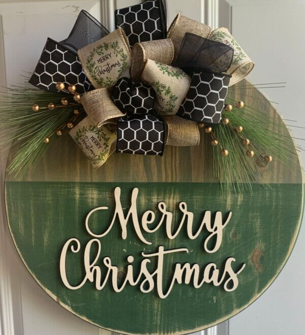 Rustic Green & Gold Merry Christmas Wooden Sign