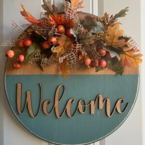 Orange and Teal Wooden Autumn Welcome Sign