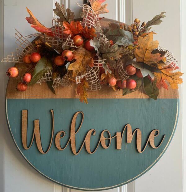 Orange and Teal Wooden Autumn Welcome Sign
