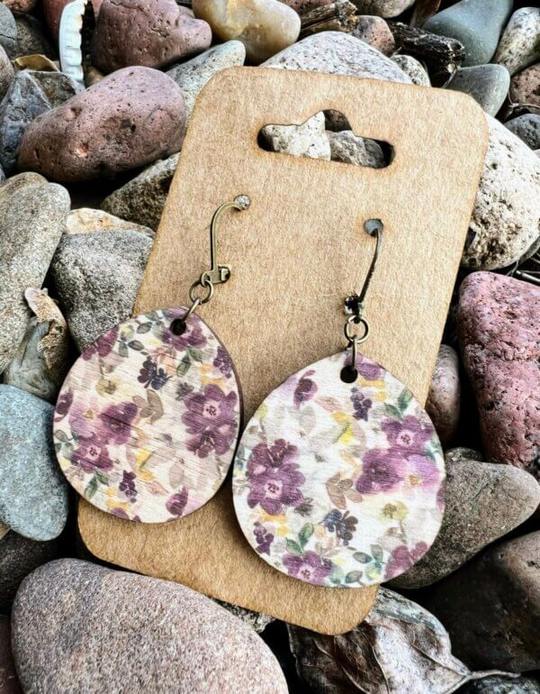 Purple Floral Wooden Dangle Earrings